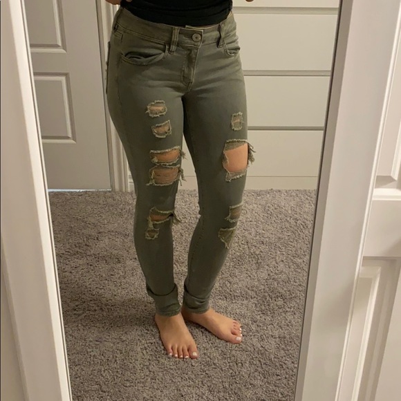 American Eagle Olive Green Ripped Jeggings - Picture 2 of 2